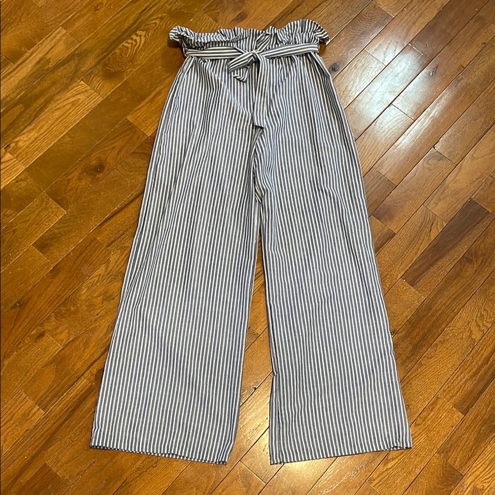 Windsor Blue and White Striped Paperbag Tall Wide-Leg Pants